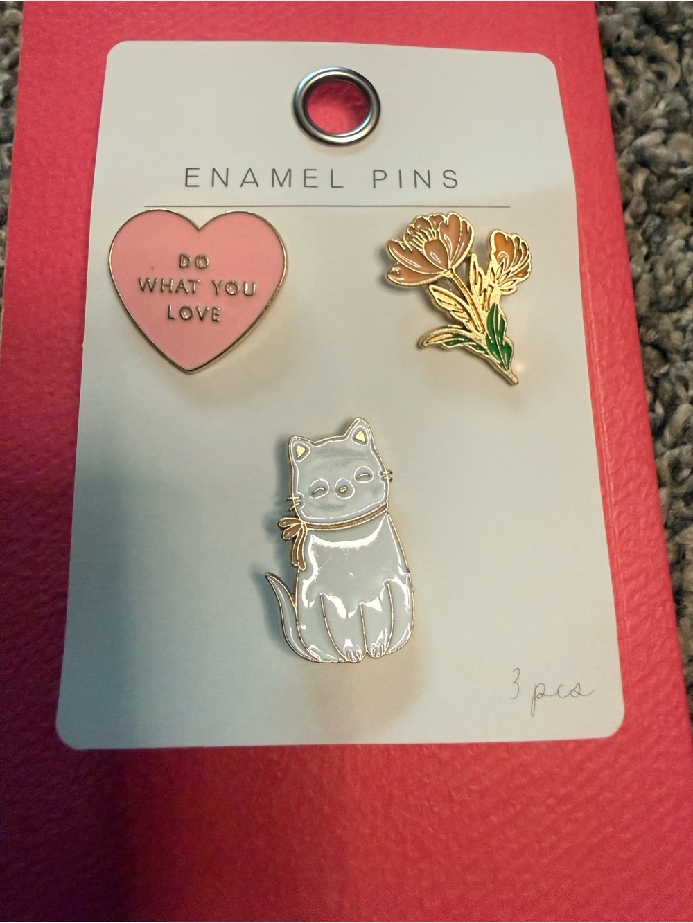 3-Piece Enamel Brooch Set - Pink Heart, Gold Floral & White Cat